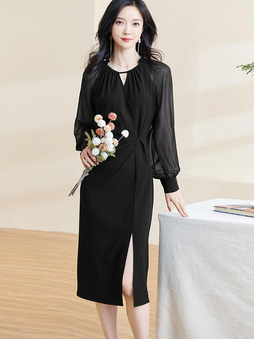 剩S/XL 米思阳2026春季气质优雅修身裙子女插肩袖开叉显瘦连衣裙0675 商品图1