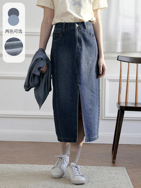SimpleRetro复古牛仔半身裙女2023早春高腰直筒a字裙显瘦开叉半裙