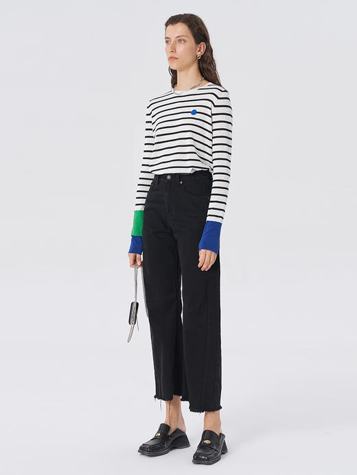 Self Who2023夏新款宽松打底衫醋酸棉拼色袖子经典条纹长袖T恤女 商品图3