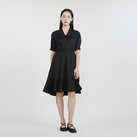 谜底纯色中长款连衣裙2023春季新款简约翻领中长裙短袖231ML0090
