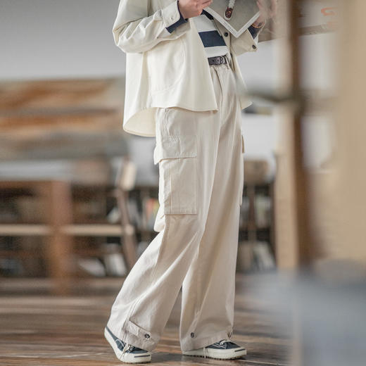马登日系休闲宽松阔腿裤白色口袋工装裤美式直筒大码休闲裤春女 商品图3