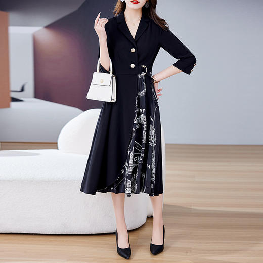 时尚简约中长款通勤半褶皱拼接下摆修身连衣裙HR-WL6079 商品图3