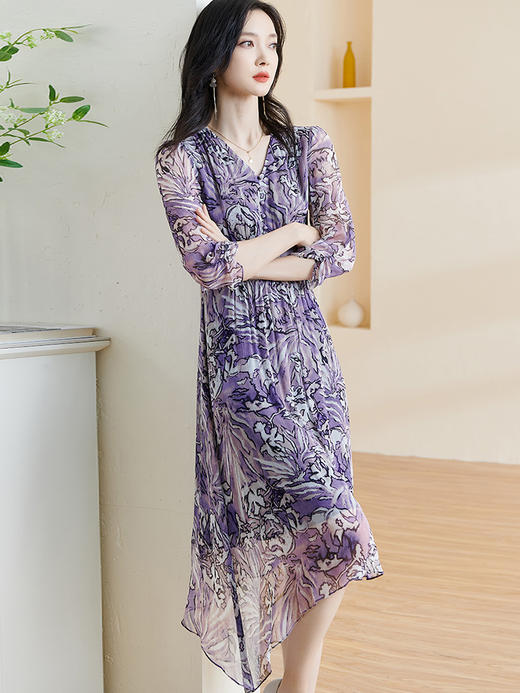 剩S 米思阳2024夏季新款收腰飘逸真丝中长裙100%桑蚕丝印花连衣裙0627 商品图2