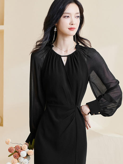 剩S/XL 米思阳2026春季气质优雅修身裙子女插肩袖开叉显瘦连衣裙0675 商品图3