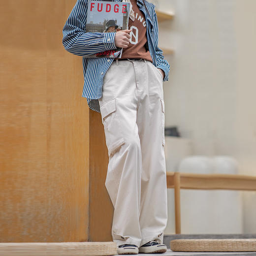 马登日系休闲宽松阔腿裤白色口袋工装裤美式直筒大码休闲裤春女 商品图2