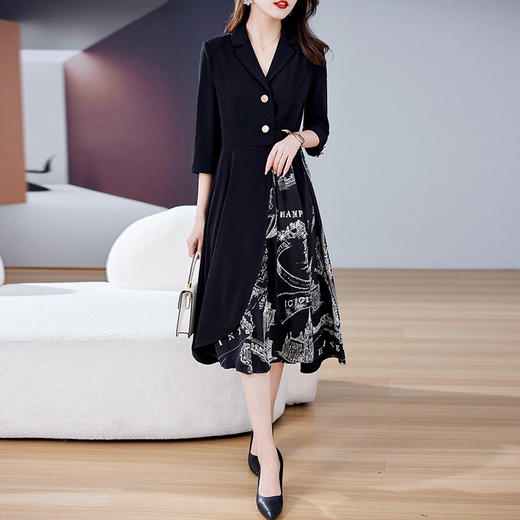 时尚简约中长款通勤半褶皱拼接下摆修身连衣裙HR-WL6079 商品图0