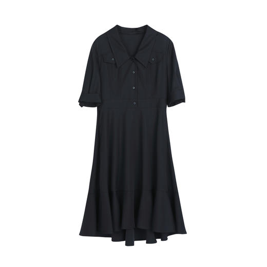 谜底纯色中长款连衣裙2023春季新款简约翻领中长裙短袖231ML0090 商品图4