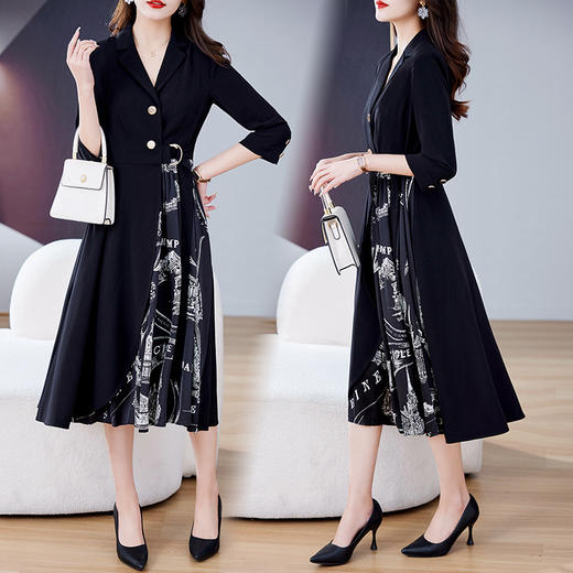 时尚简约中长款通勤半褶皱拼接下摆修身连衣裙HR-WL6079 商品图6