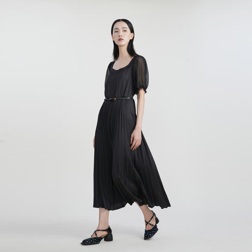 谜底气质长款连衣裙2023春季新款泡泡袖百褶裙裙配腰带231ML0079 商品图1