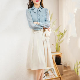 春新款褶皱拼接钉珠点缀名媛气质休闲时尚修身显瘦两件套HR-MLJL8020