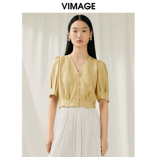 VIMAGE纬漫纪夏季新品宫廷袖简约大方短款小上衣V1913545 商品图0
