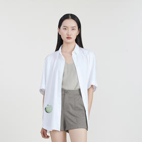 谜底印花宽松中长款衬衫女2023春季新款大廓形衬衣短袖231MC0113