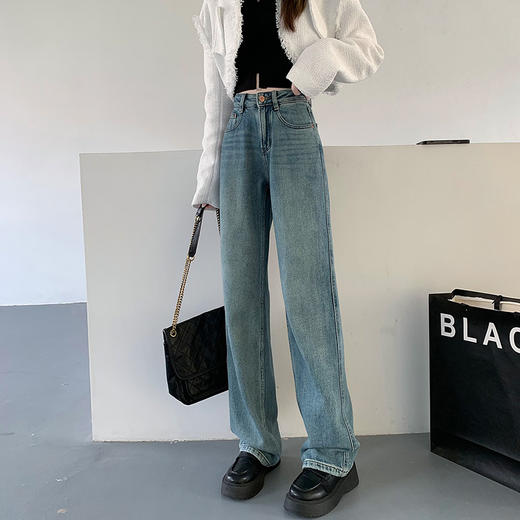 【时尚拖地牛仔裤！轻松Get小蛮腰】复古蓝阔腿牛仔裤女2023年春季新款宽松高腰垂感显瘦直筒拖地长裤 商品图3