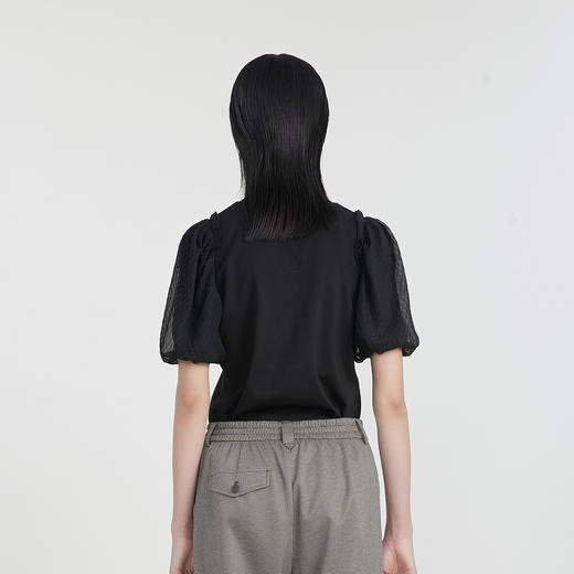 谜底T恤短袖女2023春季新款简约百搭圆领泡泡袖上衣女231MT0120 商品图2