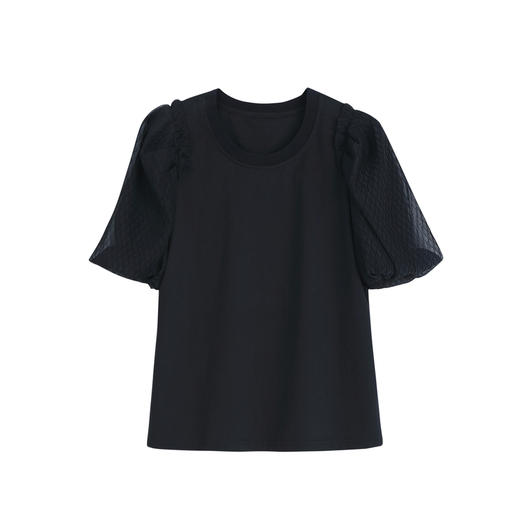 谜底T恤短袖女2023春季新款简约百搭圆领泡泡袖上衣女231MT0120 商品图4