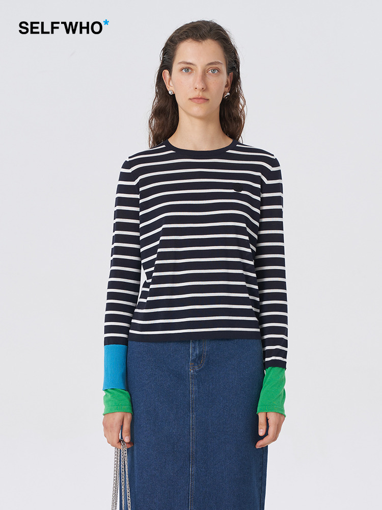 Self Who2023夏新款宽松打底衫醋酸棉拼色袖子经典条纹长袖T恤女