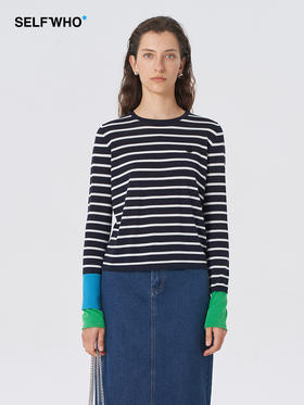 Self Who2023夏新款宽松打底衫醋酸棉拼色袖子经典条纹长袖T恤女