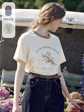 SimpleRetro王尔德郁金香短袖t恤女春款复古撞色纯棉印花上衣