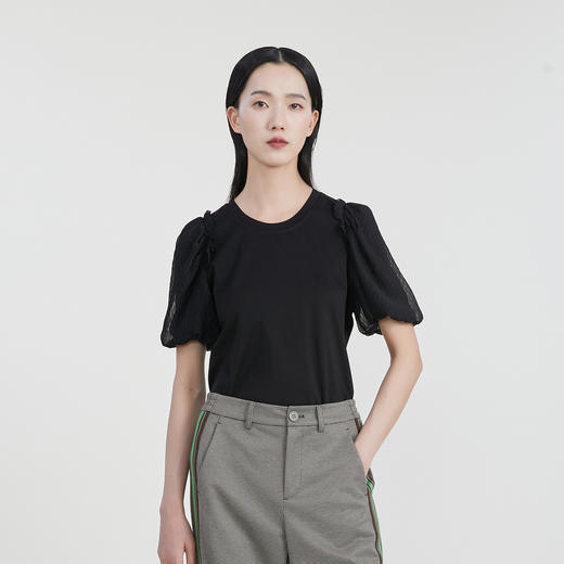 谜底T恤短袖女2023春季新款简约百搭圆领泡泡袖上衣女231MT0120 商品图0