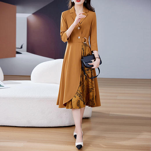 时尚简约中长款通勤半褶皱拼接下摆修身连衣裙HR-WL6079 商品图2