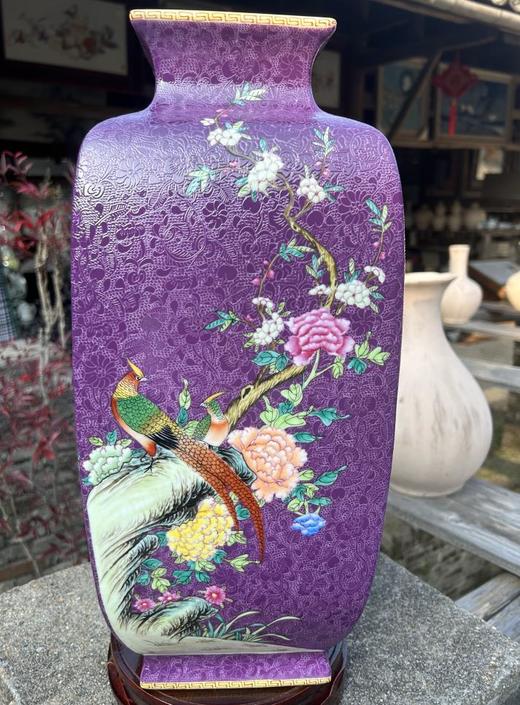 紫色扒花四季花鸟四方瓶 商品图0