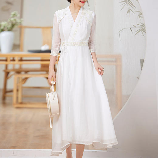 KDS-8845春夏新款女装优雅天丝绣花修身茶艺服连衣裙改良汉服 商品图0