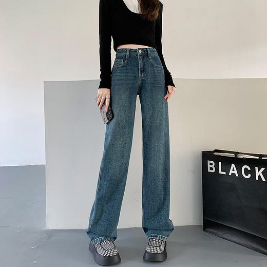 【时尚拖地牛仔裤！轻松Get小蛮腰】复古蓝阔腿牛仔裤女2023年春季新款宽松高腰垂感显瘦直筒拖地长裤 商品图1