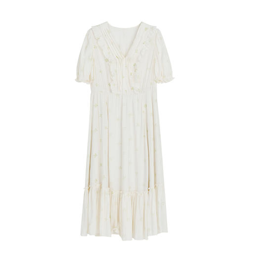 谜底V领提花中长款连衣裙2023春新款小清新荷叶边裙短袖231ML0134 商品图4