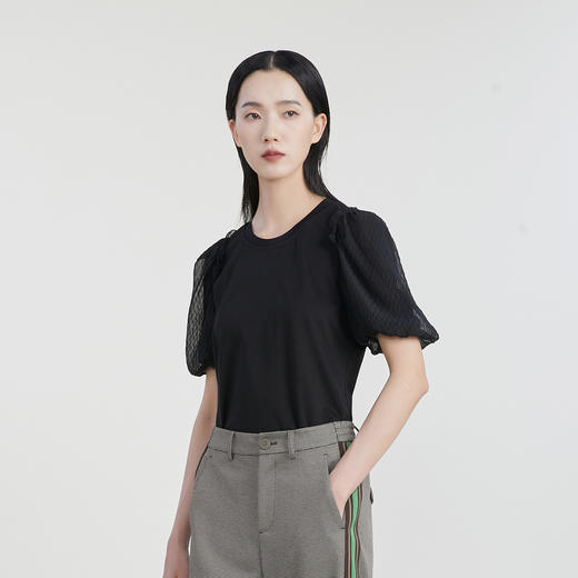 谜底T恤短袖女2023春季新款简约百搭圆领泡泡袖上衣女231MT0120 商品图1