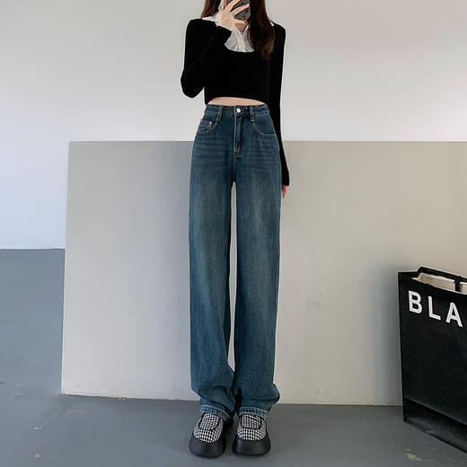 【时尚拖地牛仔裤！轻松Get小蛮腰】复古蓝阔腿牛仔裤女2023年春季新款宽松高腰垂感显瘦直筒拖地长裤 商品图0