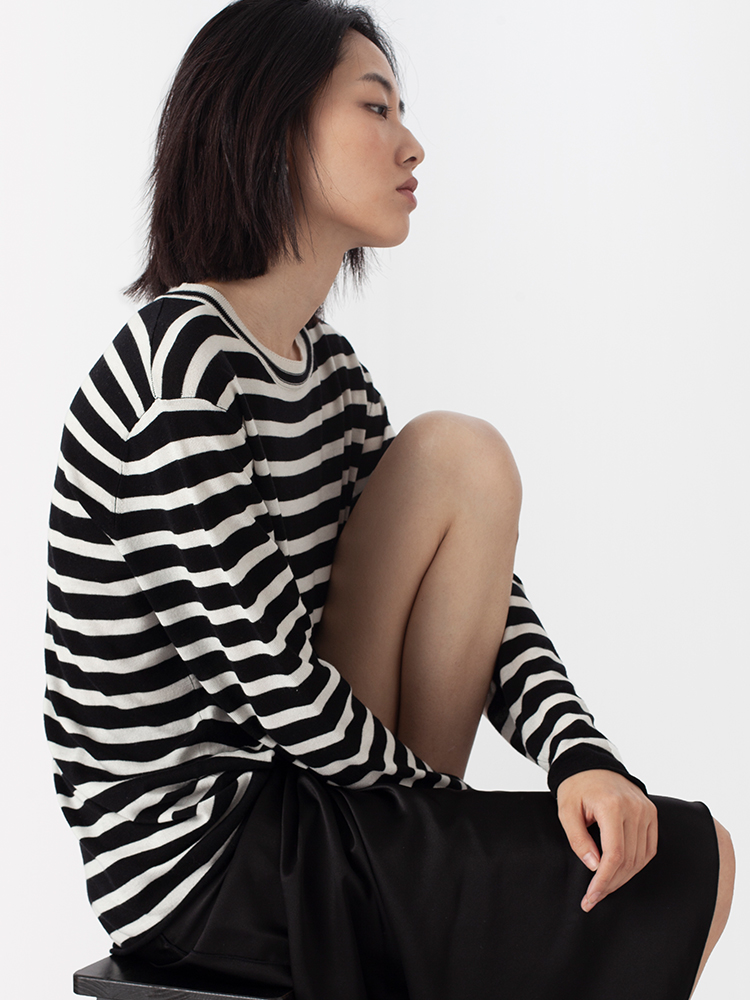 322工房经典再造丝羊绒圆领针织套头衫2023春夏款条纹宽松T恤B023