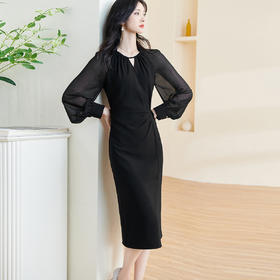 剩S/XL 米思阳2026春季气质优雅修身裙子女插肩袖开叉显瘦连衣裙0675