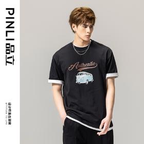 PINLI品立春季新款男士休闲体恤印花圆领短袖T恤BG231111045