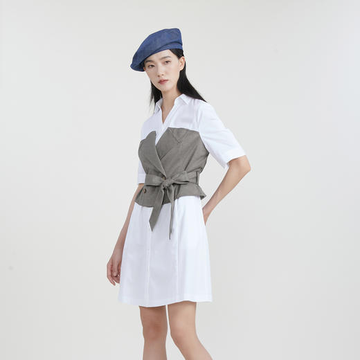 谜底收腰拼接连衣裙女2023春季新款时尚翻领中长裙短袖231ML0107 商品图1
