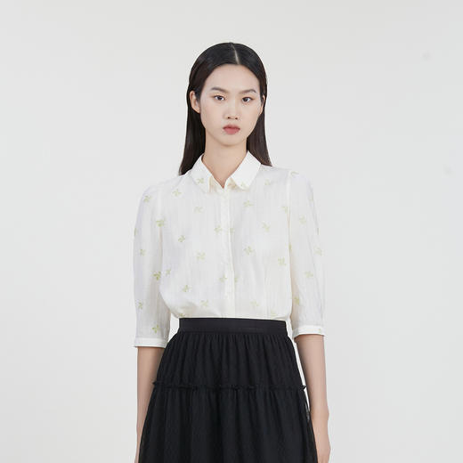 谜底宽松提花衬衫女2023春季新款小清新翻领衬衣七分袖231MC0086 商品图0