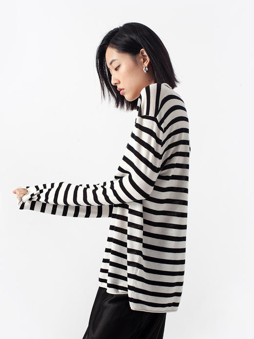 322工房经典再造丝羊绒圆领针织套头衫2023春夏款条纹宽松T恤B023 商品图2