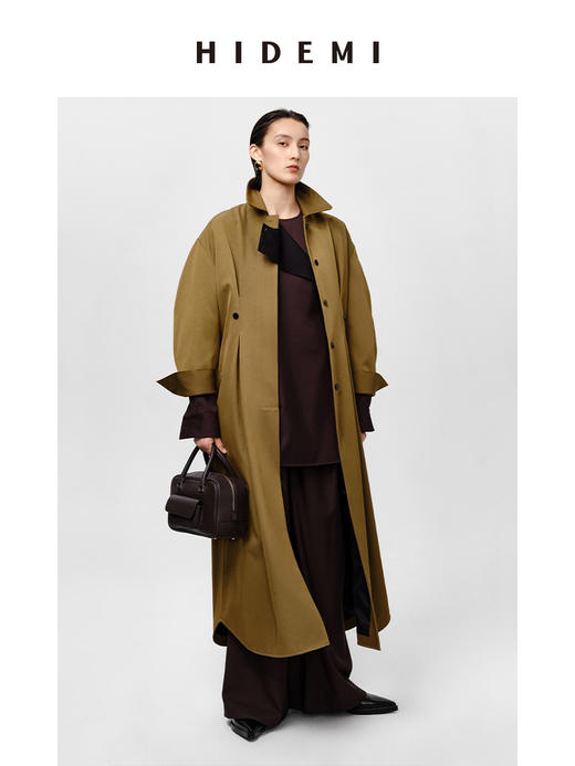 HIDEMI 军绿色斜纹廓形袖极简设计感纽扣腰带式长款风衣外套 商品图6