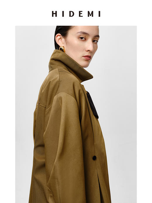 HIDEMI 军绿色斜纹廓形袖极简设计感纽扣腰带式长款风衣外套 商品图5
