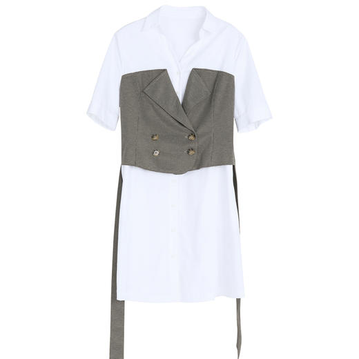 谜底收腰拼接连衣裙女2023春季新款时尚翻领中长裙短袖231ML0107 商品图4