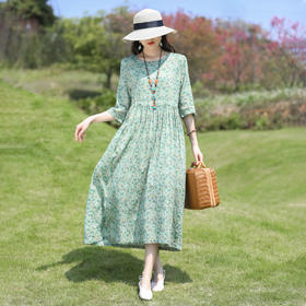 文艺棉麻印花连衣裙，复古收腰系带显瘦碎花SJ-3174