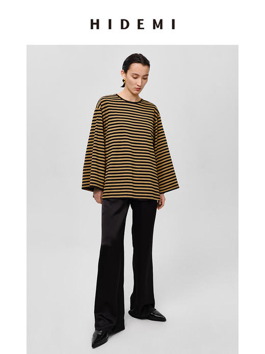 HIDEMI 条纹色织棉喇叭袖廓形圆领长袖针织上衣 蓝白/黑咖 商品图6