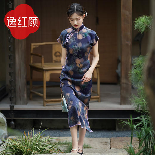 逸红颜2025年夏季新款40姆米一片式古法传统复古民国风旗袍 悠昙 商品图2