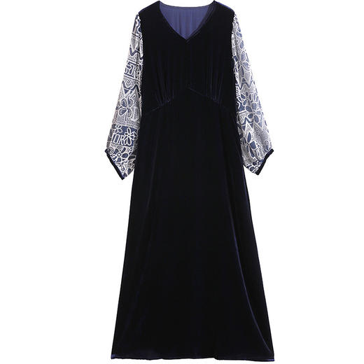 KDS-8919真丝丝绒连衣裙时尚V领拼接烧花七分袖连衣裙 商品图4