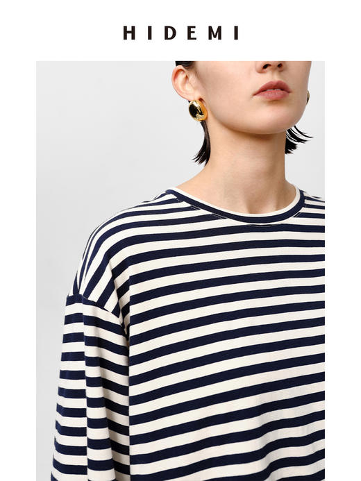 HIDEMI 条纹色织棉喇叭袖廓形圆领长袖针织上衣 蓝白/黑咖 商品图4