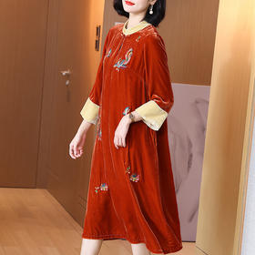KDS-2273真丝绒连衣裙女洋气复古刺绣中式立领真丝打底裙中长款