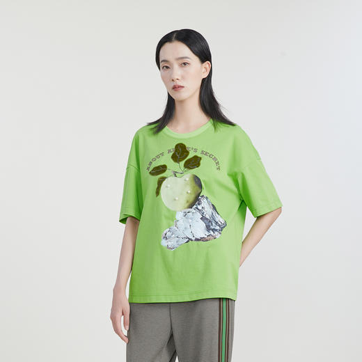 谜底宽松中长款T恤女2023春新款圆领苹果印花百搭短袖女231MT0076 商品图0