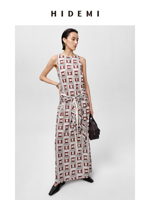 HIDEMI “我们做印花”经典几何设计感廓形印花缎面连衣裙 米绿 商品图7