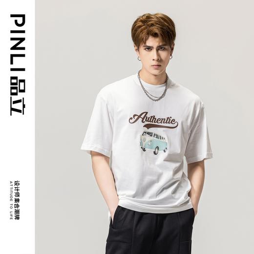 PINLI品立春季新款男士休闲体恤印花圆领短袖T恤BG231111045 商品图3