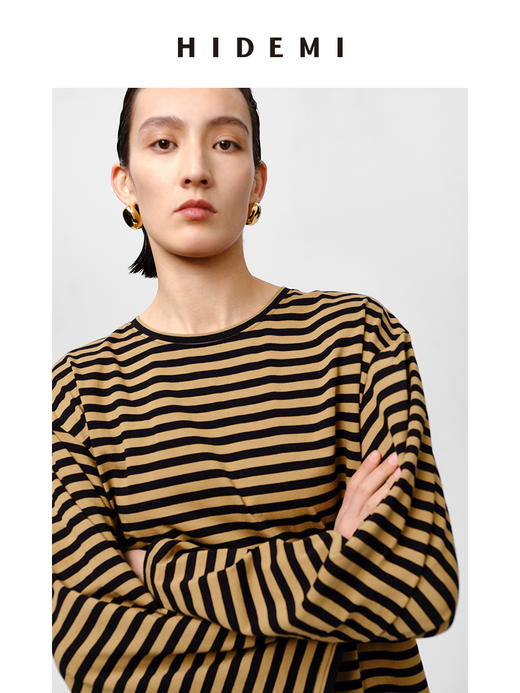 HIDEMI 条纹色织棉喇叭袖廓形圆领长袖针织上衣 蓝白/黑咖 商品图8
