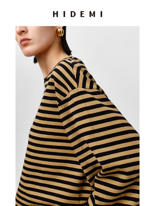 HIDEMI 条纹色织棉喇叭袖廓形圆领长袖针织上衣 蓝白/黑咖 商品图7